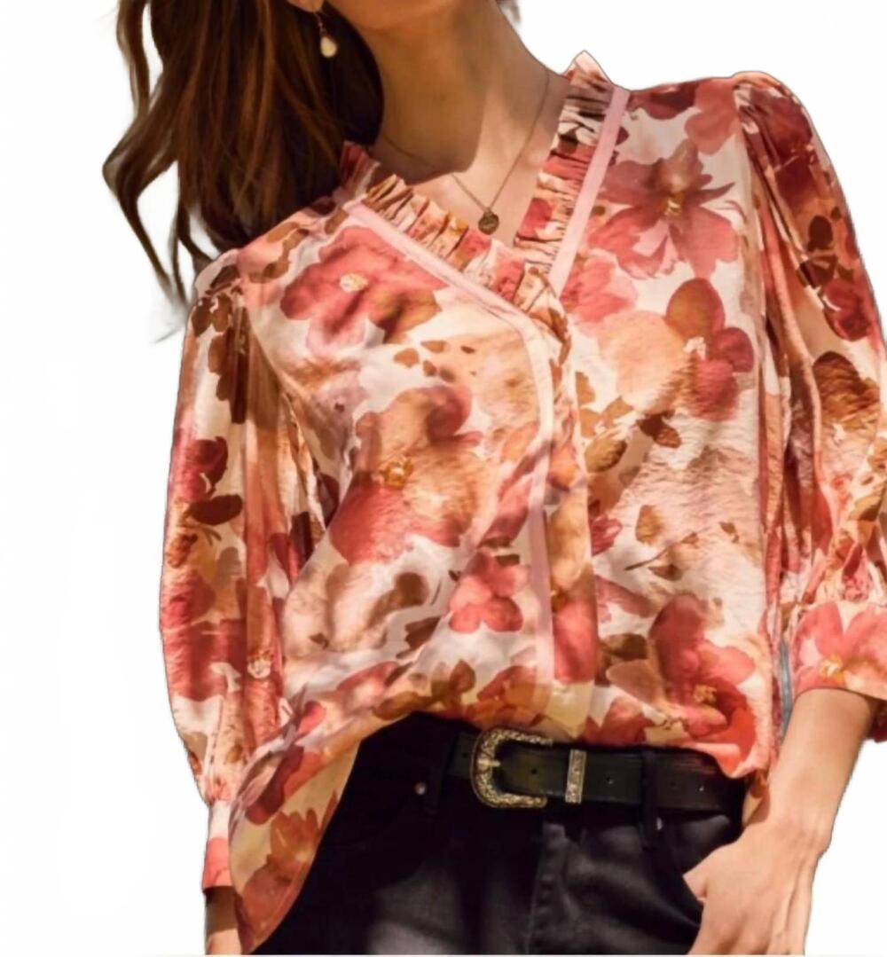NEW ODDI crinkled floral blouse with ruffle collar in rust